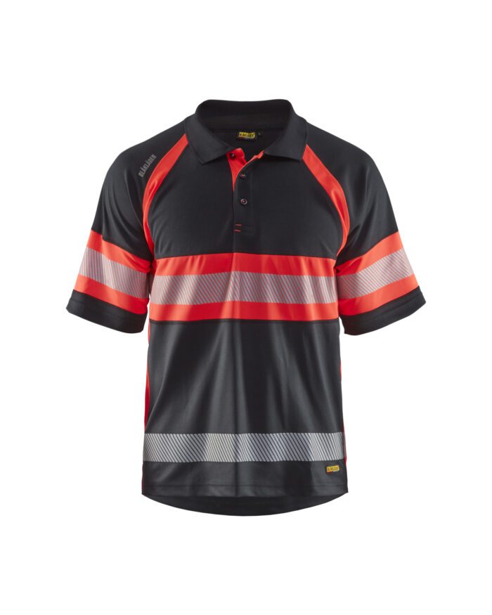 Polo haute visibilité anti-UV Noir/Rouge fluo